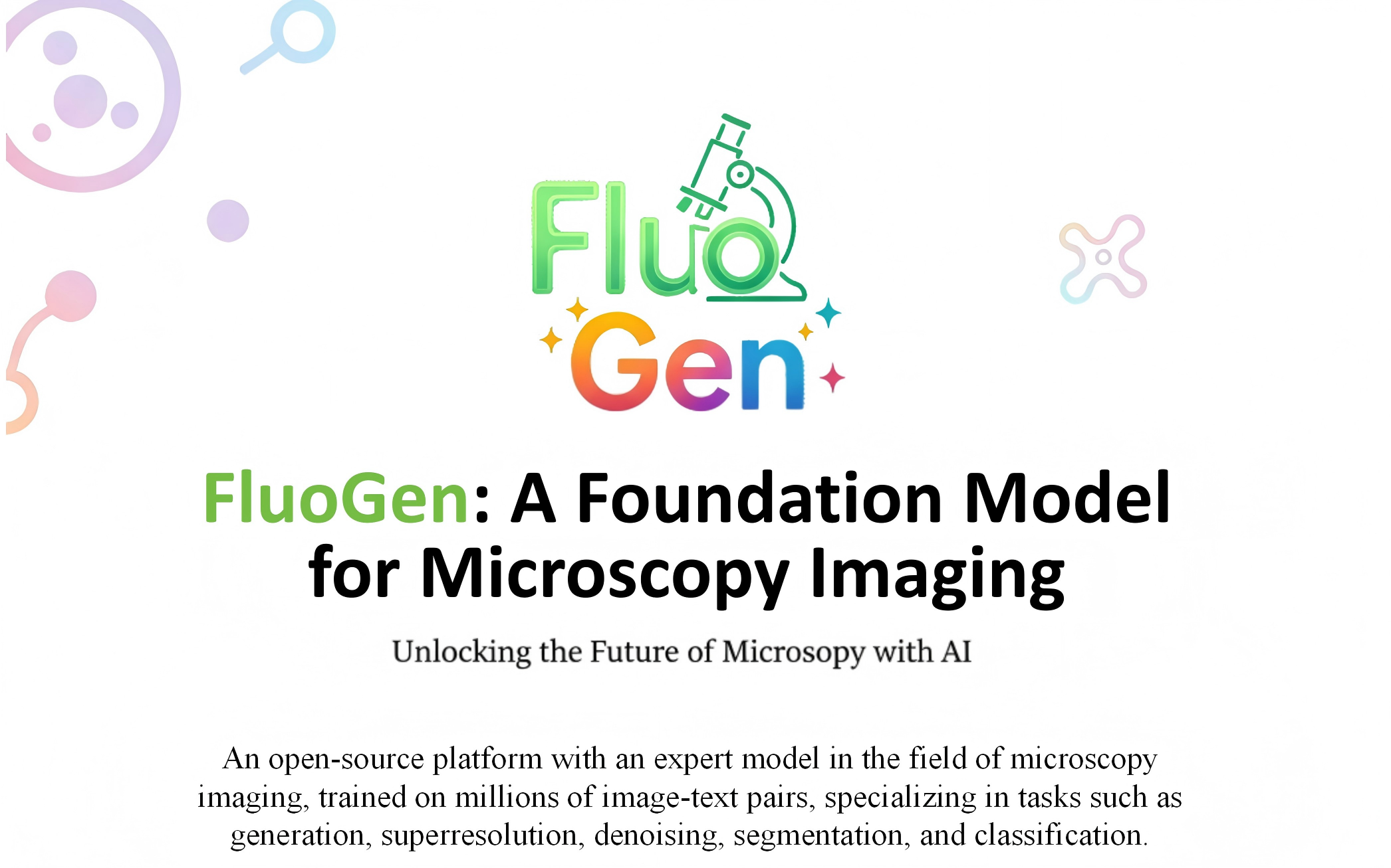 FluoGen, a diffusion-based generative foundation model.